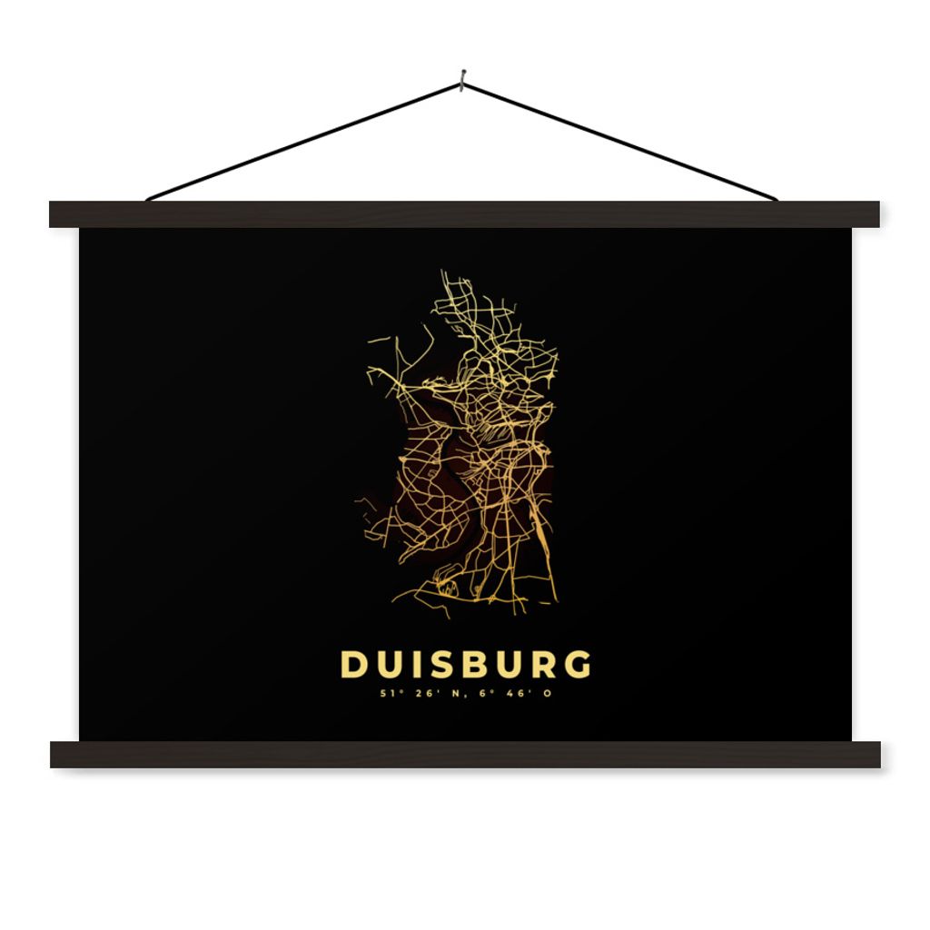 MuchoWow Textilposter Duisburg - Gold - Karte - Stadtplan 60x40 cm mit schwarzem Rahmen - Hölzernes