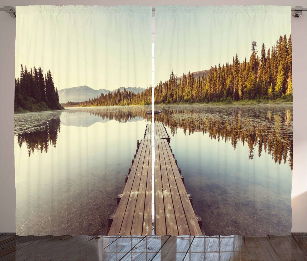 ABAKUHAUS Fallen Rustikaler Vorhang, Hölzerner Pier auf dem See, Wohnzimmer Universalband Gardinen mit Schlaufen und Haken, 280 x 245 cm, Mehrfarbig