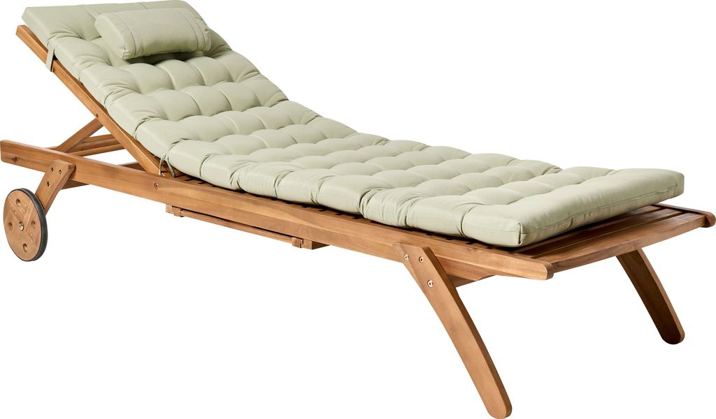 BELIANI Gartenliege Hellbraun Akazienholz Verstellbar Rollbar mit Tisch Auflage Hellgrün Gesteppt Terrasse Garten Balkon Modernes Design
