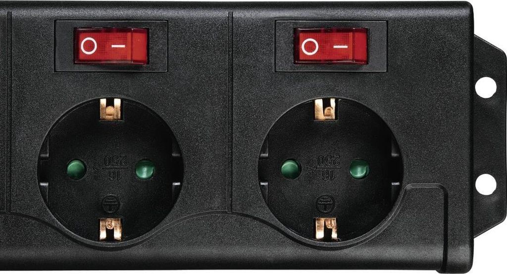 A close-up shot of a black power strip with two outlets and two red switches.