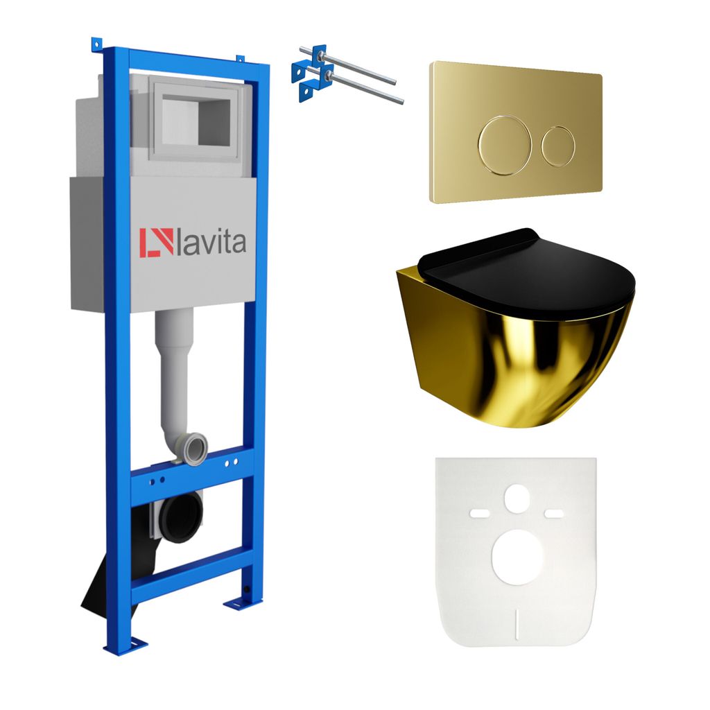 Lavita LAV 101 Vorwandelement für WC 40cm + Wand Hänge Tiefspül WC SOFI SLIM GOLD/BLACK Spülrandlos + Bedienplatte LAV 200.4.5 Gold | Kompletts...