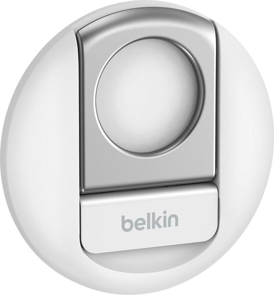 A white and silver Belkin iPhone holder with MagSafe for Mac notebooks.
