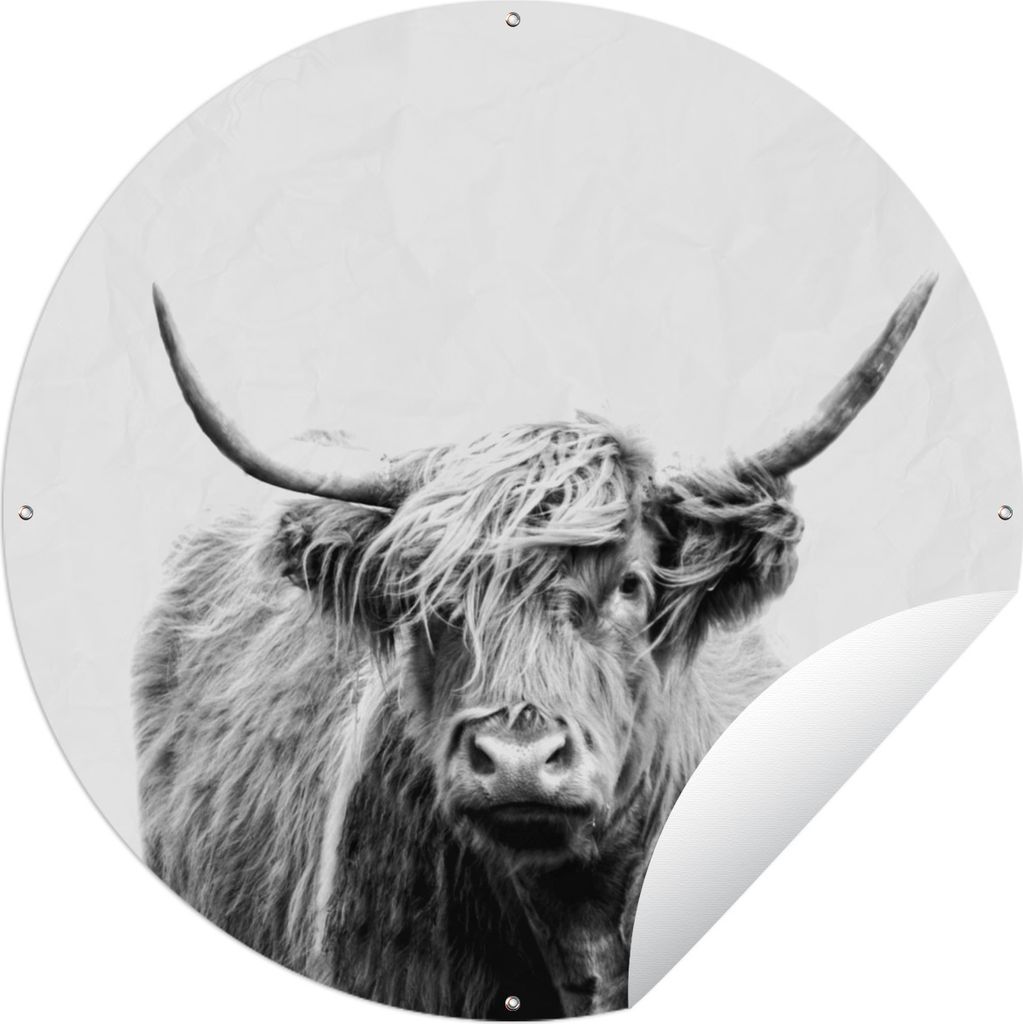 MuchoWow Gartenposter Outdoor-Poster Rund Schottischer Highlander - Porträt - Schwarz - Weiß Ø 120 cm Gartendeko Rundes Poster draußen