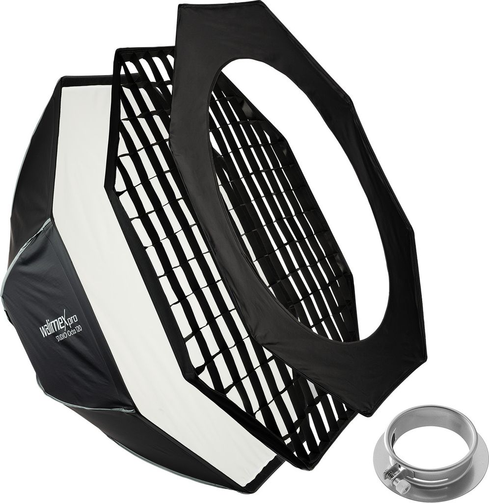 Walimex pro Studio Softbox Octagon 120cm + Profoto Adapter 15,2cm, 360°, einfacher Aufbau, inkl. Grid, Maske, Bowens Adapter und Transporttasche, ...