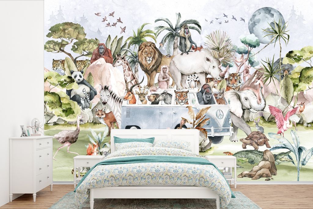 MuchoWow Fototapete für Wohnzimmer oder Schlafzimmer Wandtapete Vinyl Motivtapete Dschungel - Bus - Tiere - Kinder - Pflanzen - 525x350 cm - Kin...