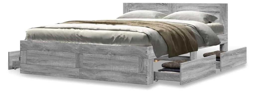 Bettgestell aus Holzwerkstoff mit Lattenrost und Schubladen, Grau Sonoma, 203 x 123 x 69 cm, für erholsamen Schlaf