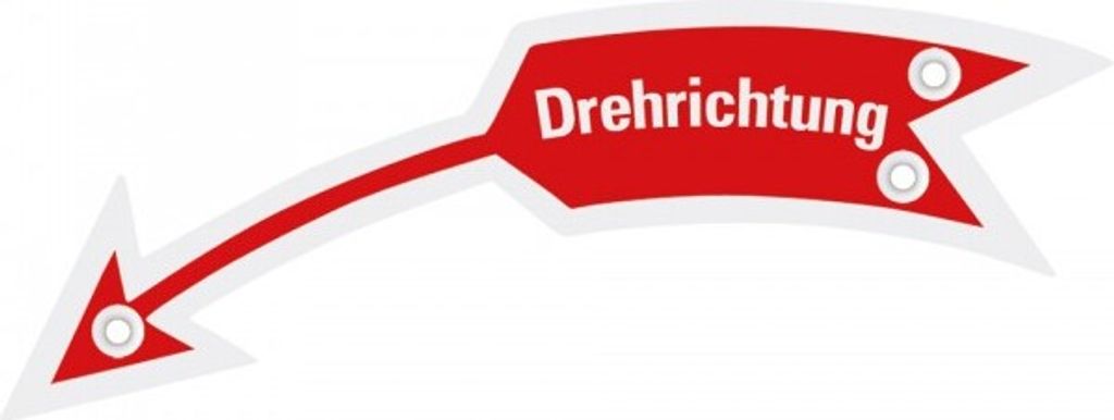 Dreifke Drehrichtungspfeil links mit Text, rot, Aluminium eloxiert, 105x21mm