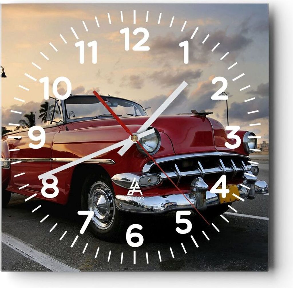 Wanduhr - Quadrat - Glasuhr - Auto Kuba Himmel - 30x30cm - Schleichendes Uhrwerk - Lautlos - zum Aufhängen bereit - Dekoration Modern - Wanddekora...