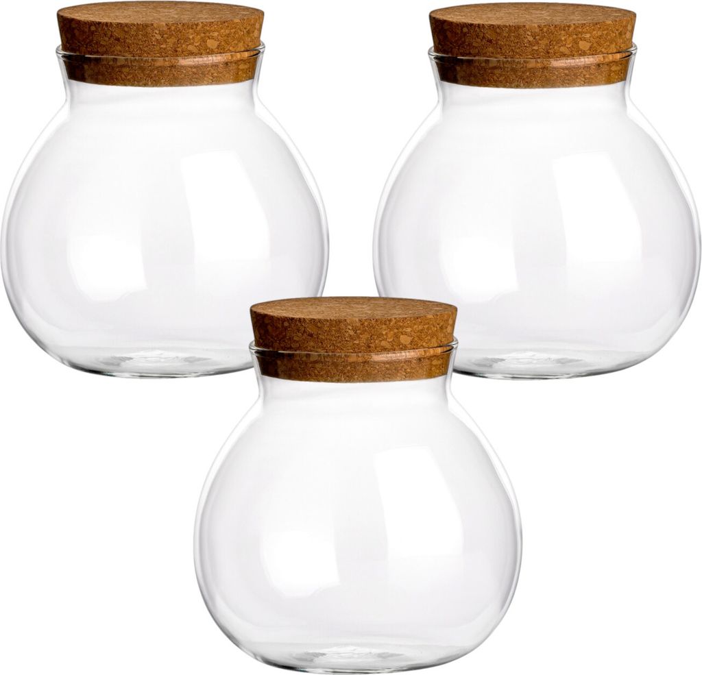 gouveo 3er Set Vorratsglas 600 ml "Kugel" aus Borosilikatglas mit Korken - Runde Vorratsdosen aus Glas mit Korkverschluss - Schönes Aufbewahrungsglas