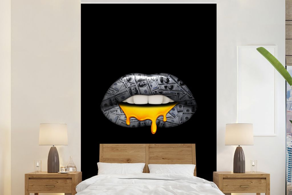 MuchoWow Fototapete für Wohnzimmer oder Schlafzimmer Wandtapete Vinyl Motivtapete Lippen - Geld - Schwarz und Weiß - 160x240 cm - Vinyltapete