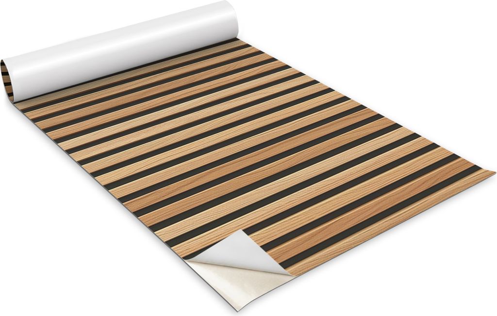 A roll of self-adhesive film with a wood slat pattern is partially unrolled.