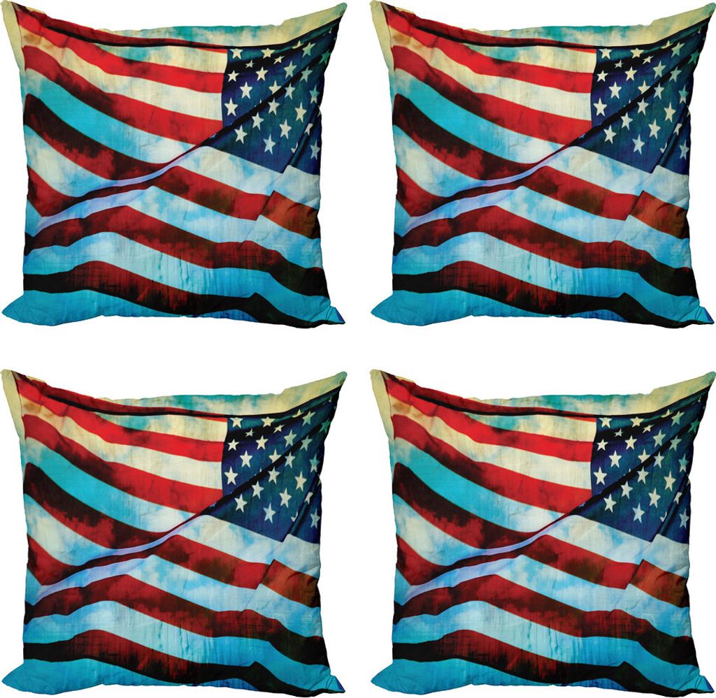 ABAKUHAUS Amerikanische Flagge Kissenbezug Set (4 Stück), Wind Flagpole, Moderner Doppelseitiger Digitaldruck, 40 cm x 40 cm, Blau Rot