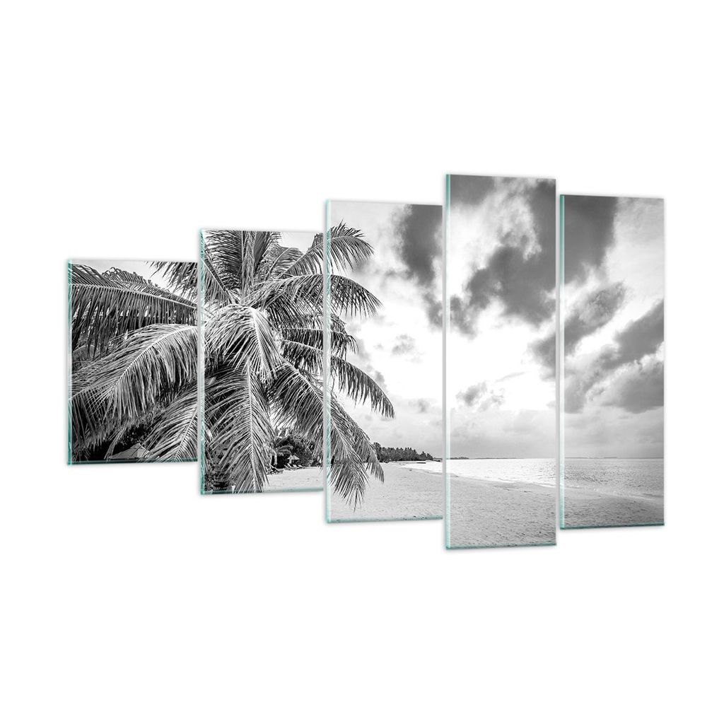 Bilder auf glas - 5 Teile - Monochrom Strand Wolken - 100x60cm - Glasbilder - Wandbilder - Bilder - zum Aufhängen bereit - Wanddekoration aus Glas...