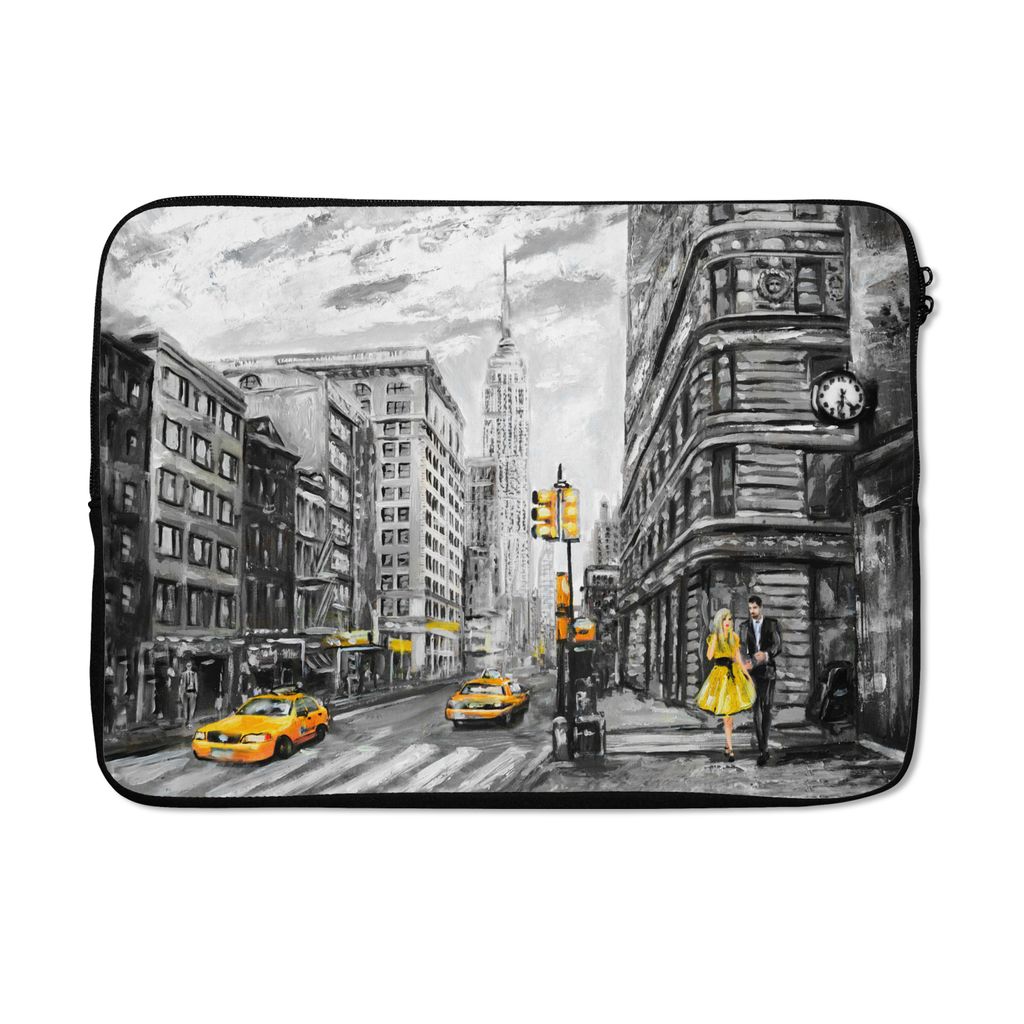 MuchoWow Laptop Hülle 14 ZollMalerei - Stadt - Auto - Gelb Laptoptasche - Laptoptasche - Stoßsicher - Schutzhaube