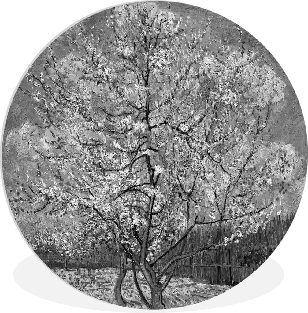 MuchoWow Rundes Wandbild - Runde Bilder Blühender Pfirsichbaum - Vincent van Gogh - Schwarz und weiß Ø 90 cm Kreis Wanddekoration Kunststoff -...