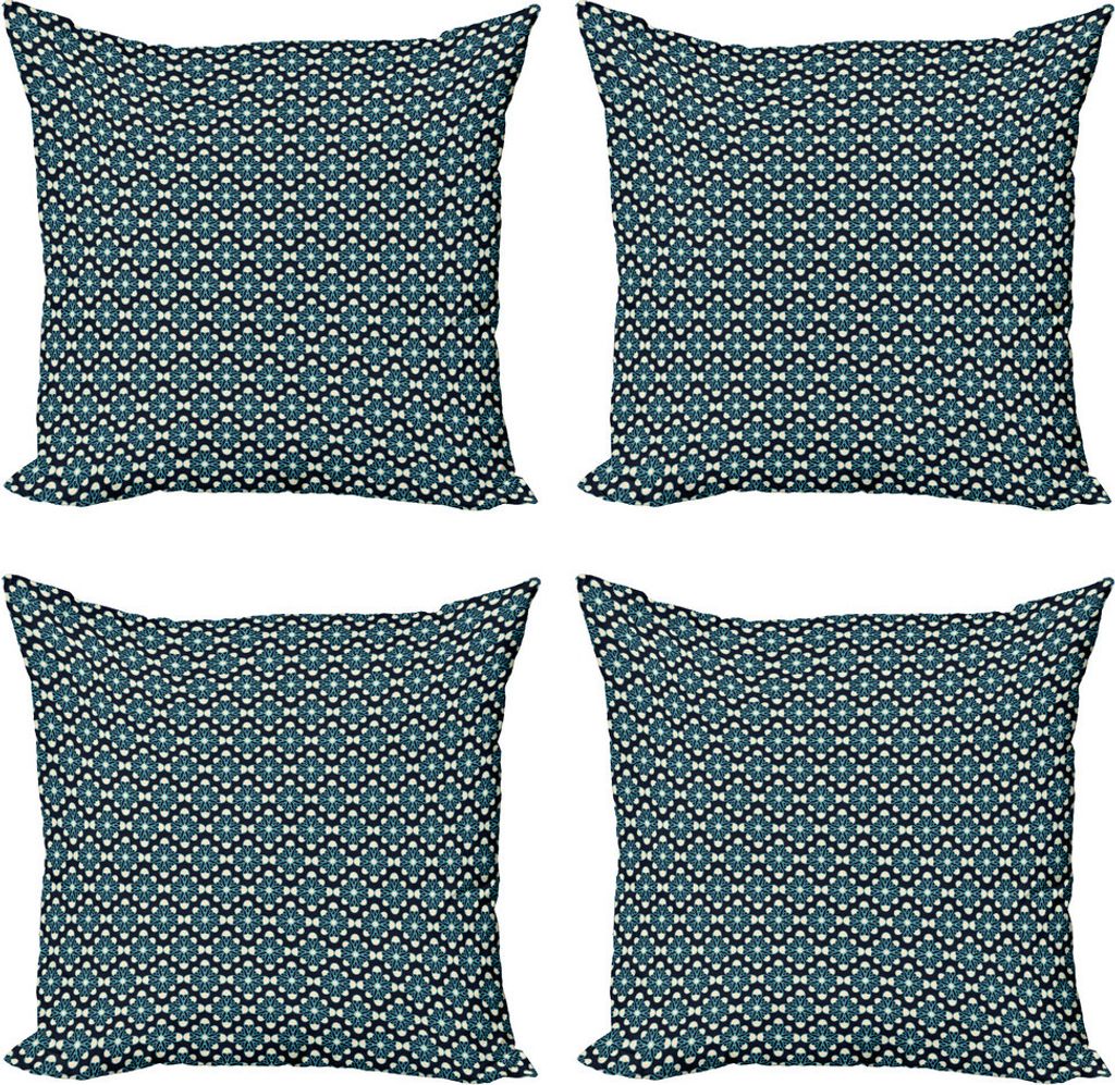 ABAKUHAUS Geometrisch Kissenbezug Set (4 Stück), Natur inspried Bloom, Moderner Doppelseitiger Digitaldruck, 50 cm x 50 cm, Blau Creme Schwarz