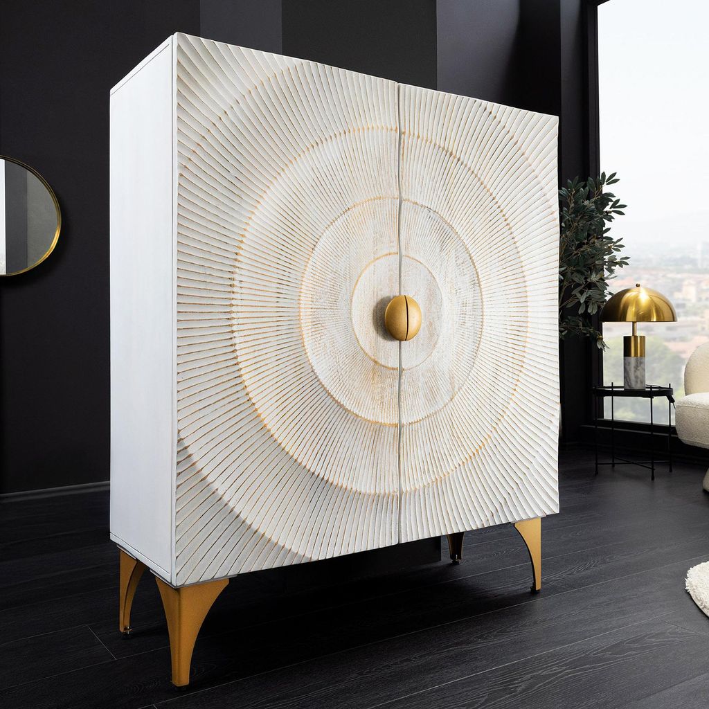 riess-ambiente Highboard GOLDEN SUNSET 120cm weiß gold massives Mangoholz Metall mit 3D Schnitzereien