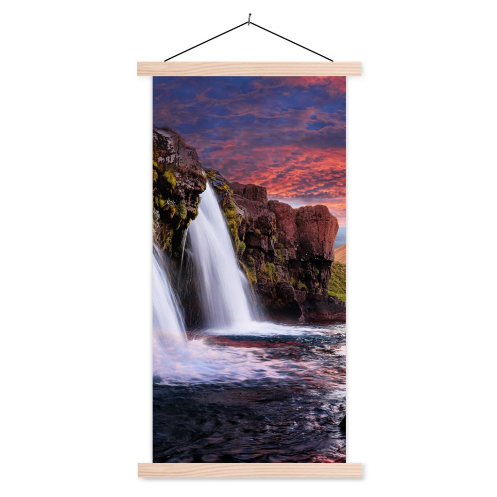MuchoWow Textilposter Wasserfall - Berg - Wolken - Rosa - Landschaft 60x120 cm mit holzfarbenen Rahmen - Holz