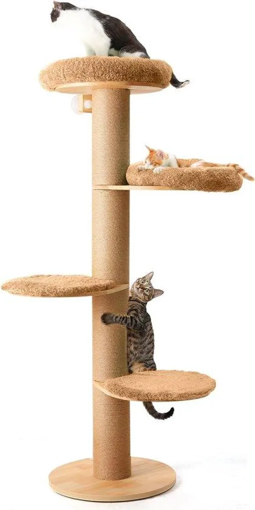 Arbre à chat à 4 niveaux avec panier en peluche beige, hauteur 120cm