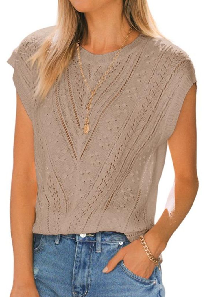Kurzarm-Top für Damen, Rundhals-Shirt, leichter Häkelpullover