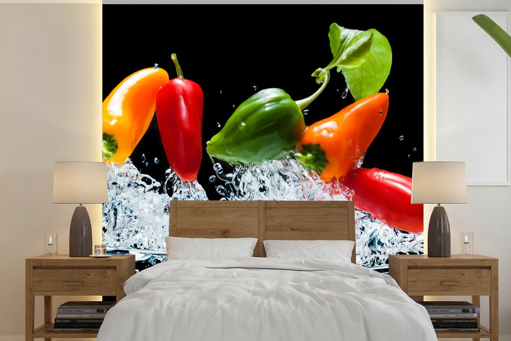 MuchoWow Fototapete für Wohnzimmer oder Schlafzimmer Wandtapete Vinyl Motivtapete Paprika - Schwarz - Gemüse - Wasser - Blatt - 240x240 cm - Sc...