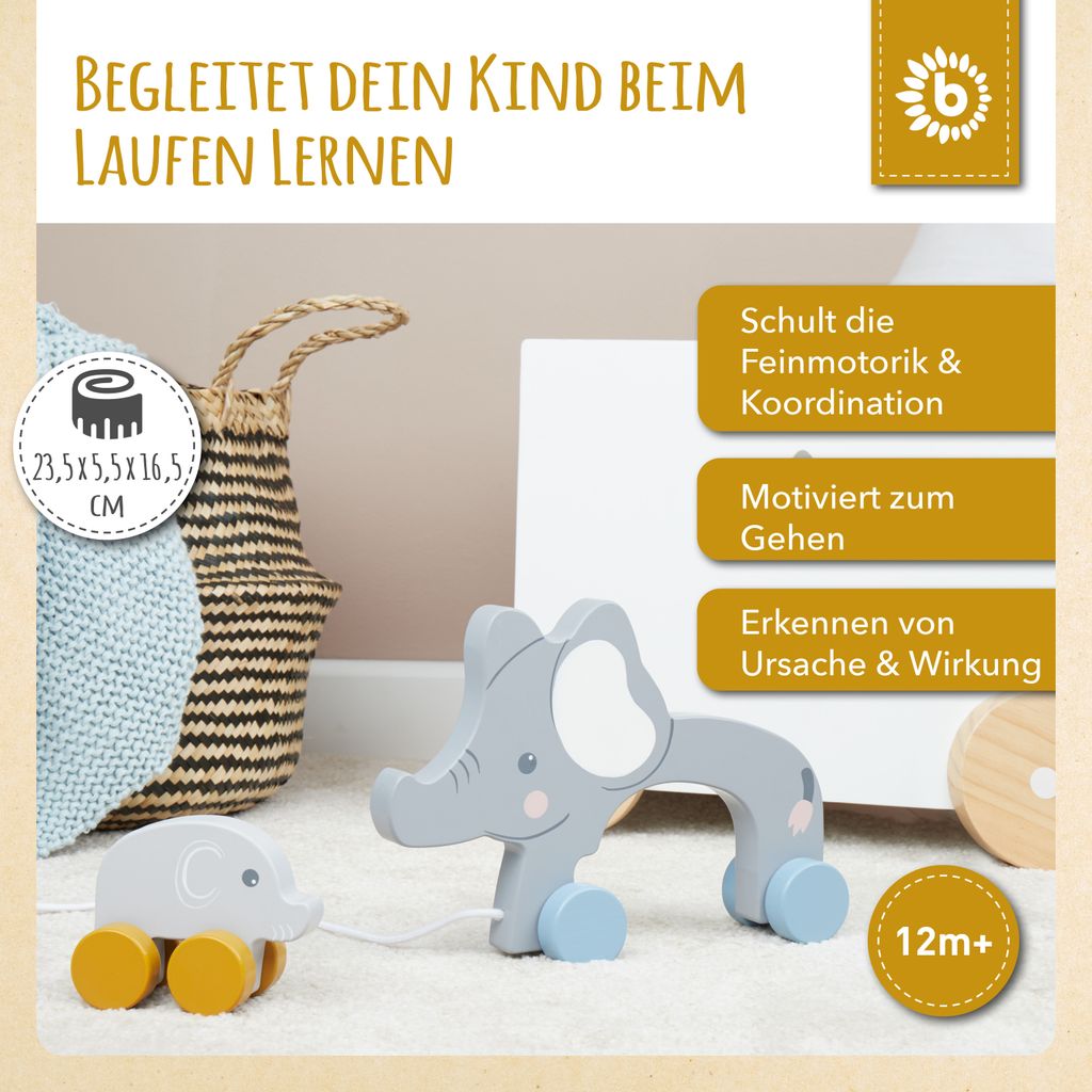 Bieco Spielzeug Nachziehtier Elefant - Holzspielzeug Baby - Ziehtier Holz Nachziehtier - Spielzeug Elefant Babyspielzeug Holz förderndes Spielzeug...
