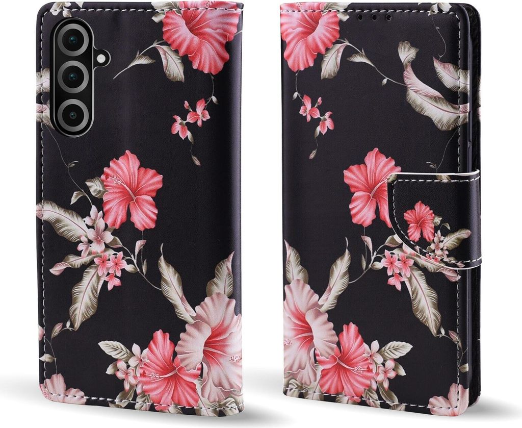 Handy Hülle für Samsung Galaxy A26 5G Klapphülle Bookcase Flip Cover Handy Tasche Etui Motiv: Blumen Hibiskus Blüten