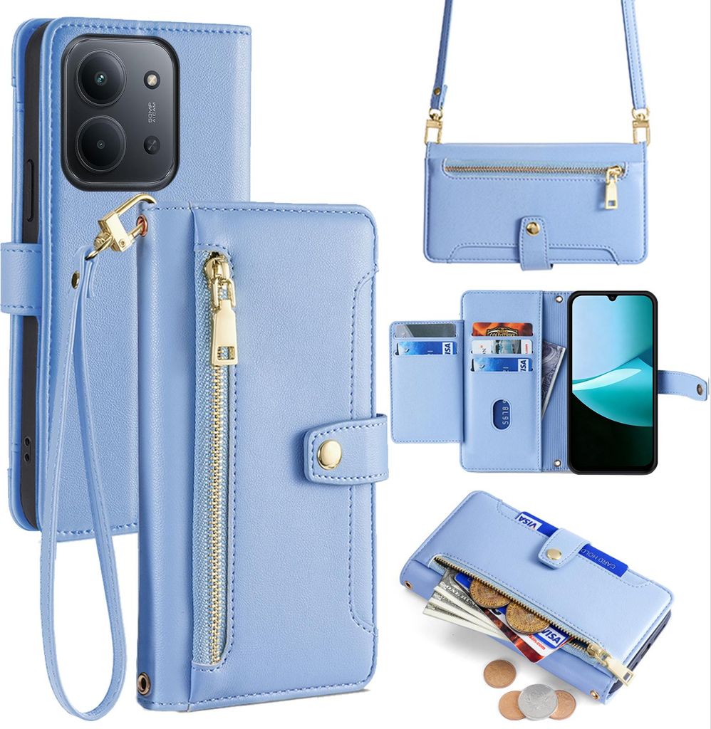 Handykette für Xiaomi Redmi 15C Hülle mit Band Handyhülle Kartenfächer Kunstleder Umhängetasche Hellblau