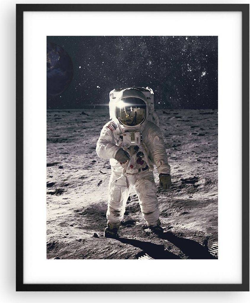 Gerahmtes Poster - Schwarzer Rahmen - Mond Erde Astronaut - 40x50 cm - Wand Bild - Wanddeko - Wandbilder - Kunstposter - Wandposter - Bilderrahmen ...