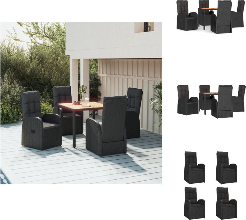 vidaXL 5-tlg. Garten-Essgruppe mit Kissen Schwarz Poly Rattan - Gartenstühle