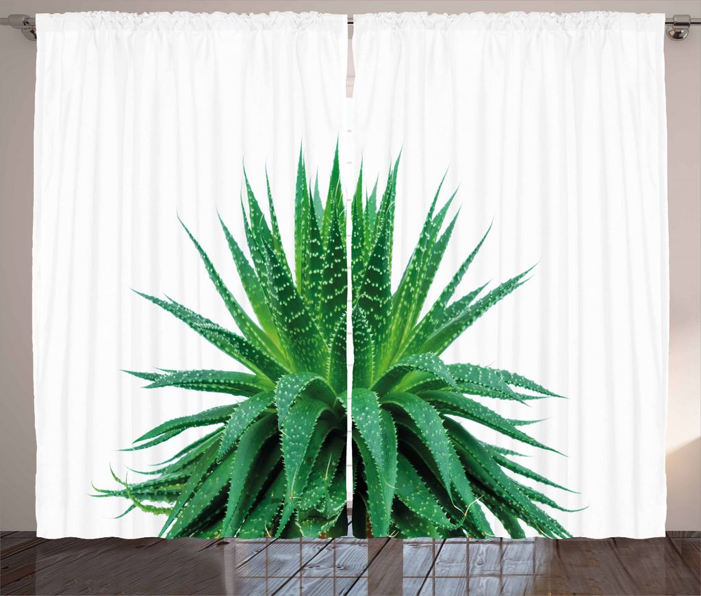 ABAKUHAUS Pflanze Rustikaler Gardine, Vibrierende Aloe Vera, Schlafzimmer Kräuselband Vorhang mit Schlaufen und Haken, 280 x 245 cm, Farngrün