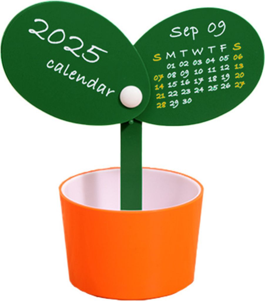 Stifthalter-Tischkalender 2025, Topfpflanzen-Monatskalender mit Stifthalter-Basis, Tischdekoration für Home-Office-Organizer, Orange