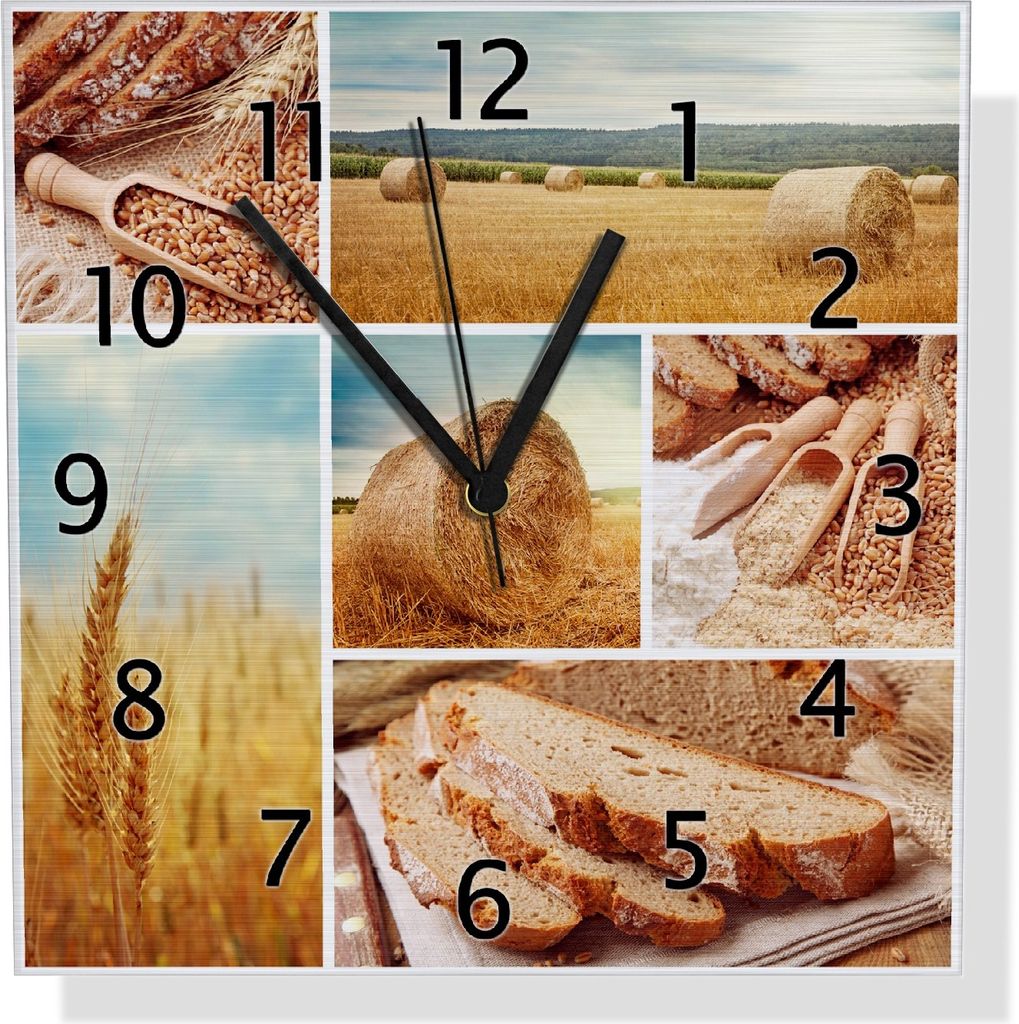 Wallario Design Wanduhr Weizen und Mehl Vom Korn zum Brot aus Aluverbund, Größe 30 x 30 cm