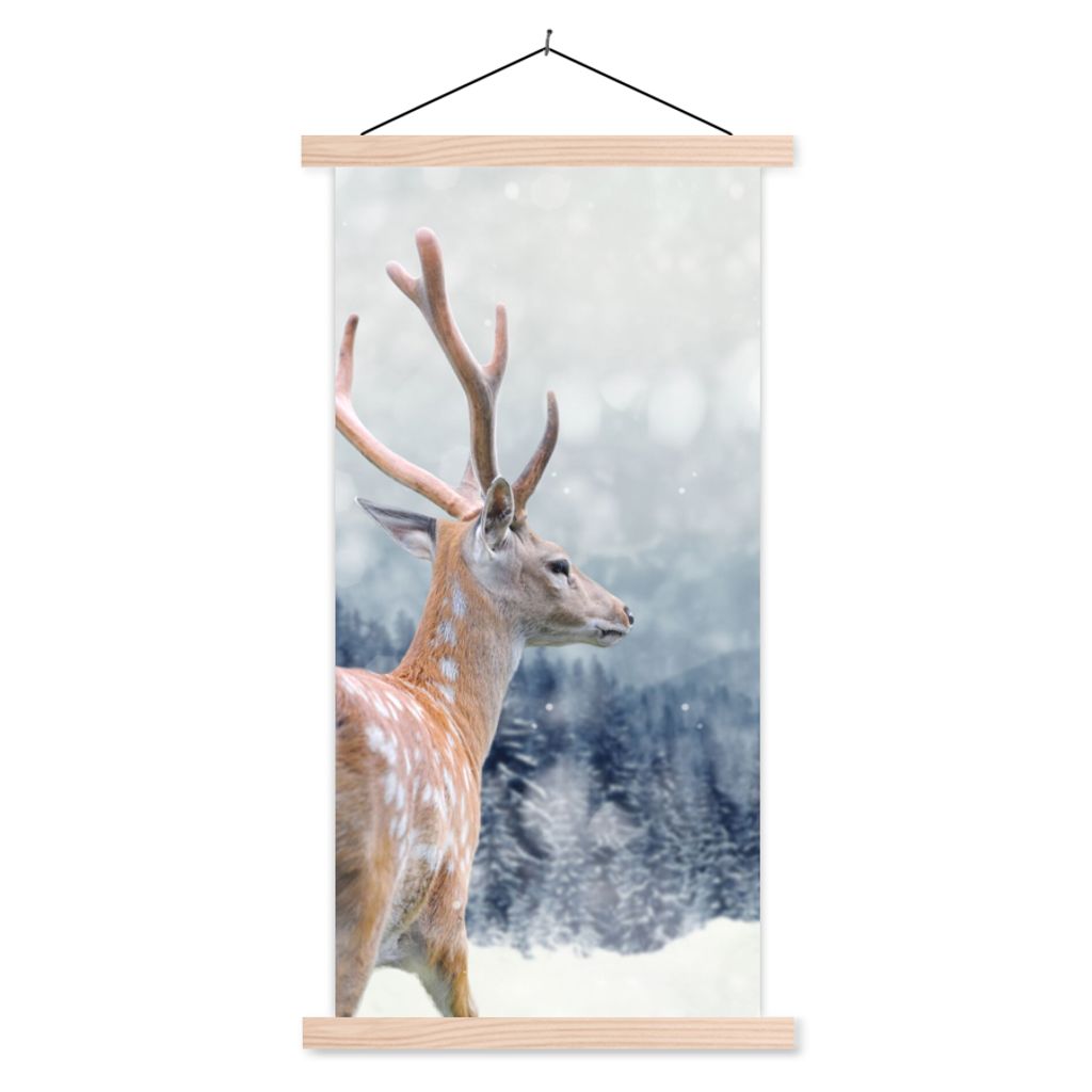 MuchoWow Textilposter Winter - Hirsche - Tiere 60x120 cm mit holzfarbenen Rahmen - Holz
