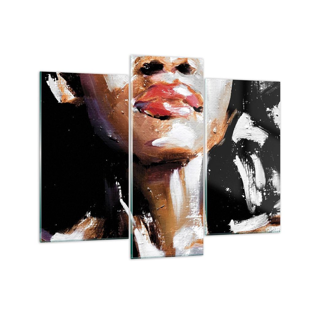 Bilder auf glas - 3 Teile - Öl Mund Frau - 130x100cm - Glasbilder - Wandbilder - Bilder - zum Aufhängen bereit - Wanddekoration aus Glas - Glas B...