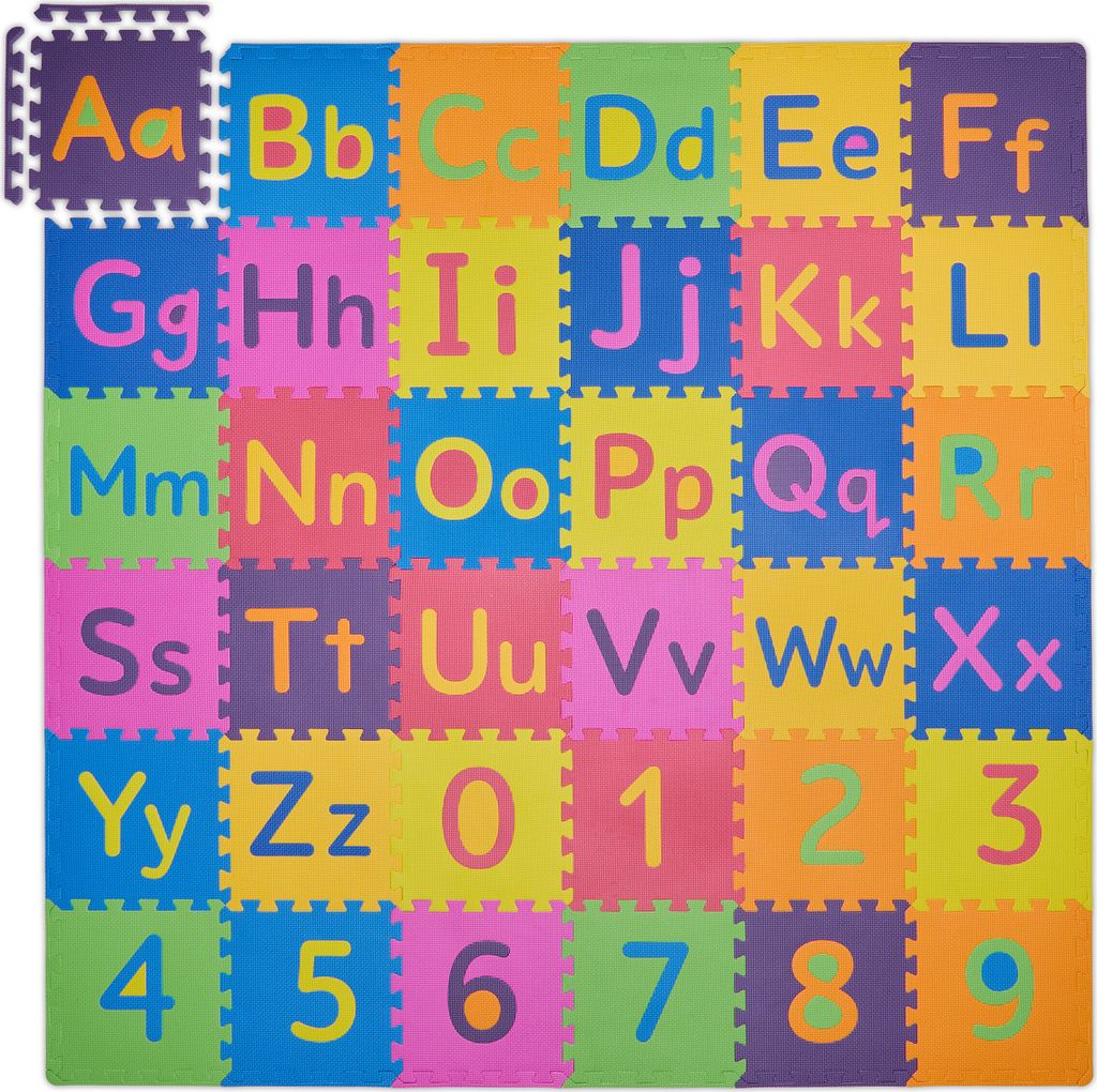 Relaxdays Puzzlematte ABC und Zahlen, 90 Teile, Spielmatte Kinder, BxT: 180,5x180,5 cm, unbedenklich, Schaumstoff, bunt