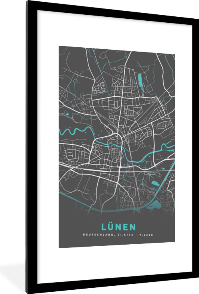 MuchoWow Gerahmtes Poster Deutschland - Blau - Lünen - Stadtplan - Karte 60x90 cm - Poster mit Schwarzem Bilderrahmen Wandposter Rahmen Foto Bil...