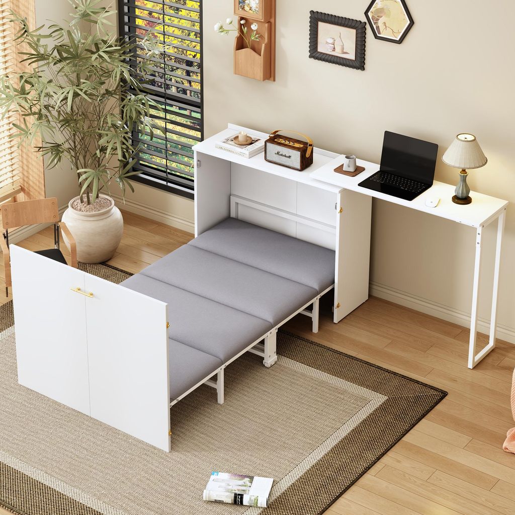 okwish Sideboard Klappbett mit drehbarem Schreibtisch und Matratze Schrankbett mit Rollen Beistelltisch Geeignet für kleine Wohnungen Weiß