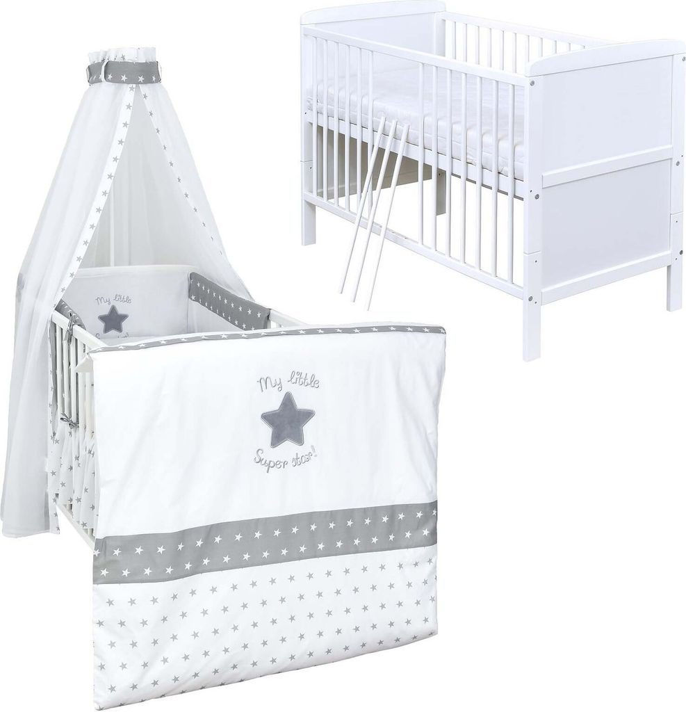 Baby-Delux Babybett Kinderbett Umbaubar 140x70 Weiß Bettset Komplett mit Motiv Superstar
