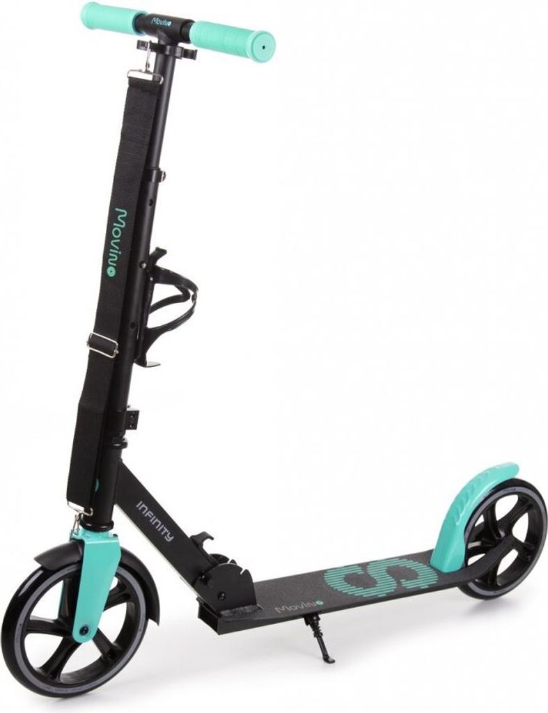 A black and teal scooter is shown against a white background.