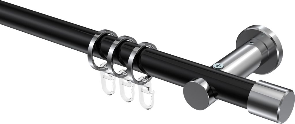 Interdeco Gardinenstange / Vorhangstange Schwarz / Chrom, Typ Platon Santo (Kappe), 20 mm Ø 1-läufig, 100 cm