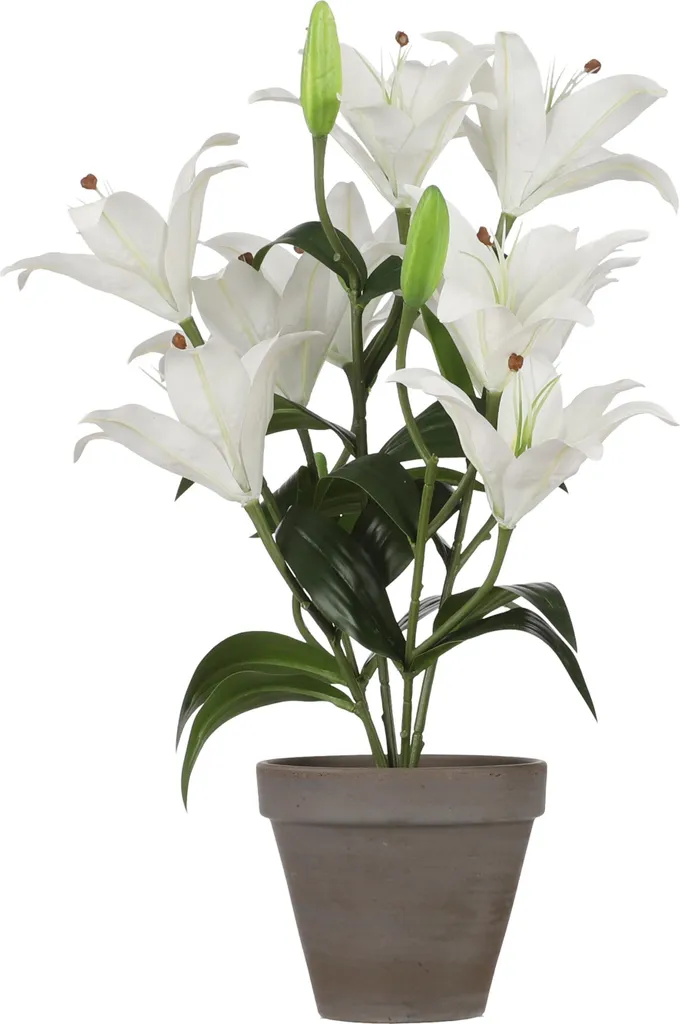 Lys Tigre Blanc Artificiel Réaliste 47cm avec Pot de Fleurs Gris Stan
