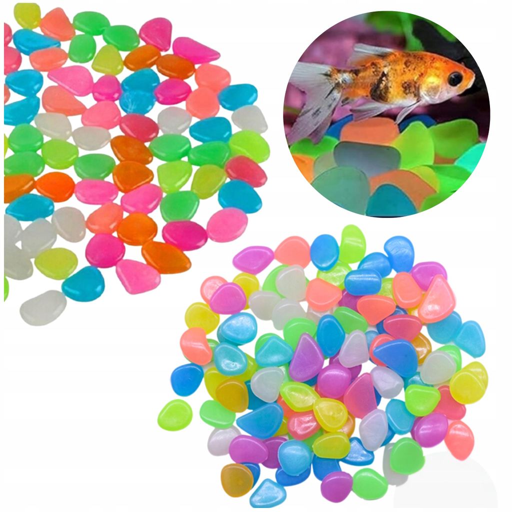 Aquarium Deko Leuchtsteine fluoreszierend, 100 Stück farbig, 2-3 cm, Kunststoff, leuchtet im Dunkeln für Aquarium und Garten