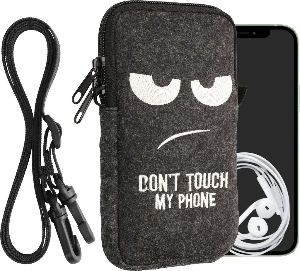 kwmobile Handytasche für Smartphones L - 6,5" - Filz Handy Hülle Weiß Dunkelgrau - Handy Tasche mit Kette 16,5 x 8,9 cm Innenmaße - Don't touch my
