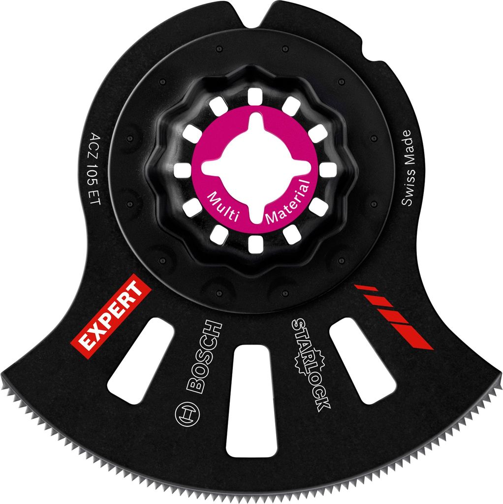 A close-up studio shot of a black multi-material saw blade with pink and red accents.