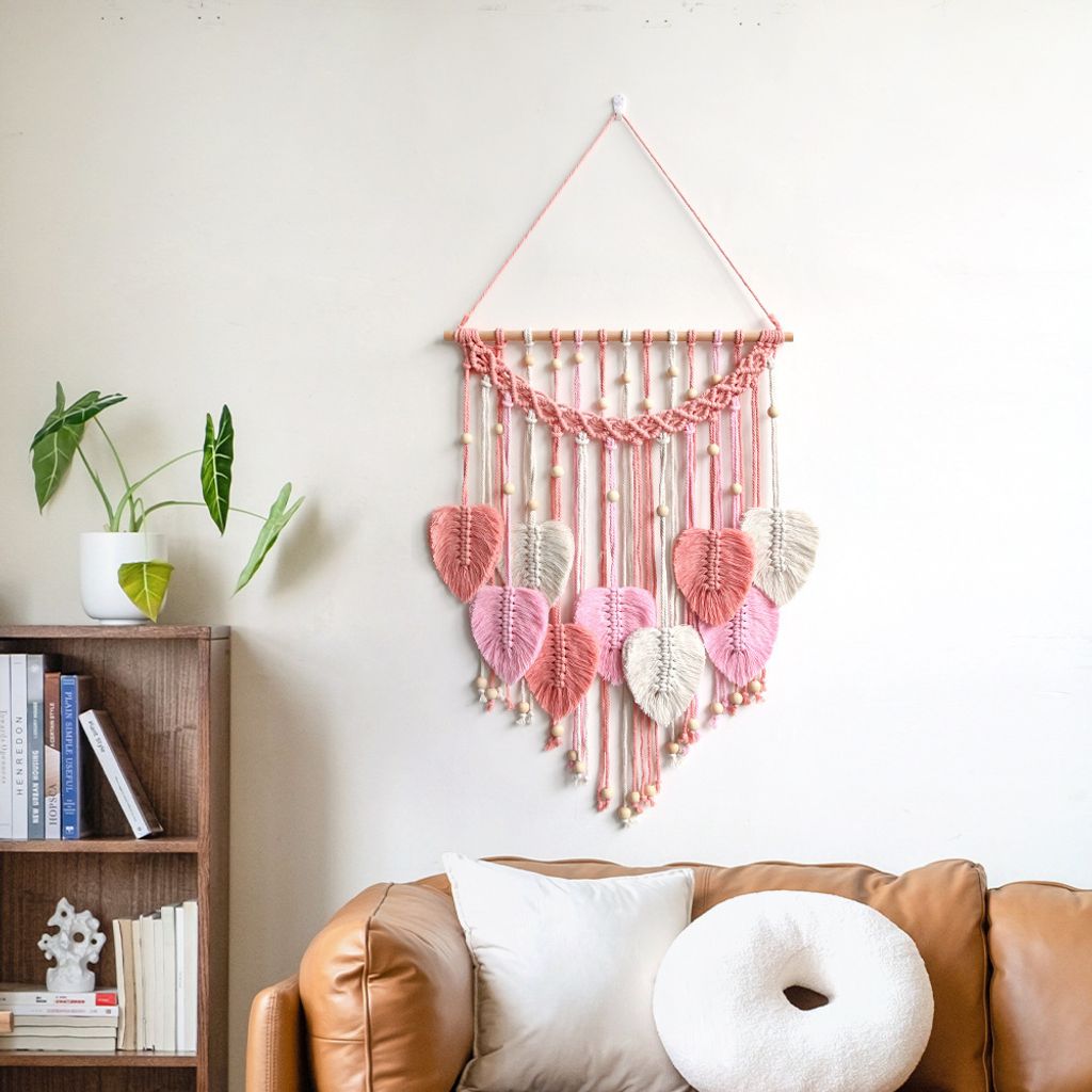 Makramee Wandbehang Wandteppich Wandbehang Nachbildung mit Holzperlen und Blätter Makramee Blätter Wandteppich für Boho Deko Wohnung Party Dekor...