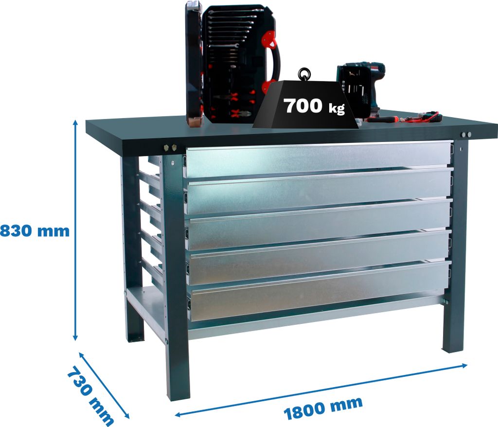 Werkbank SIMONWORK BT6L PRO METAL 5BOX 1800 ANTHRAZIT mit Parafuser