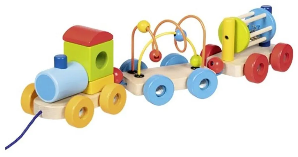 Train en bois éducatif Rio avec perles de labyrinthe et petit hochet