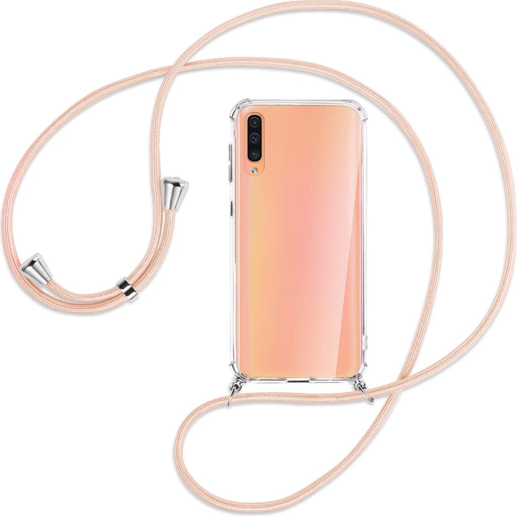 Handykette Backcover-Schutzhülle mit Band (Metall silberfarben) für Samsung Galaxy A50 - rose peach