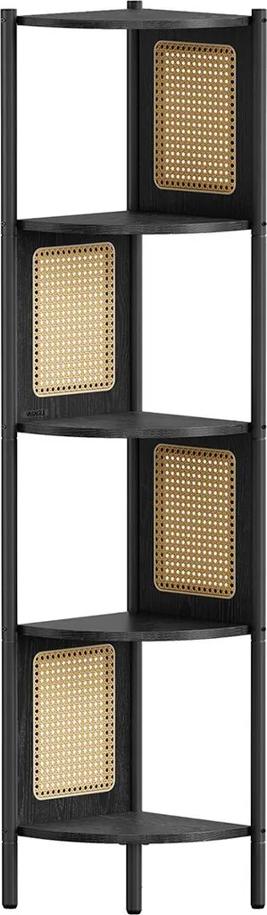 Étagère d'angle à 5 niveaux en rotin noir ébène pour salon et bureau